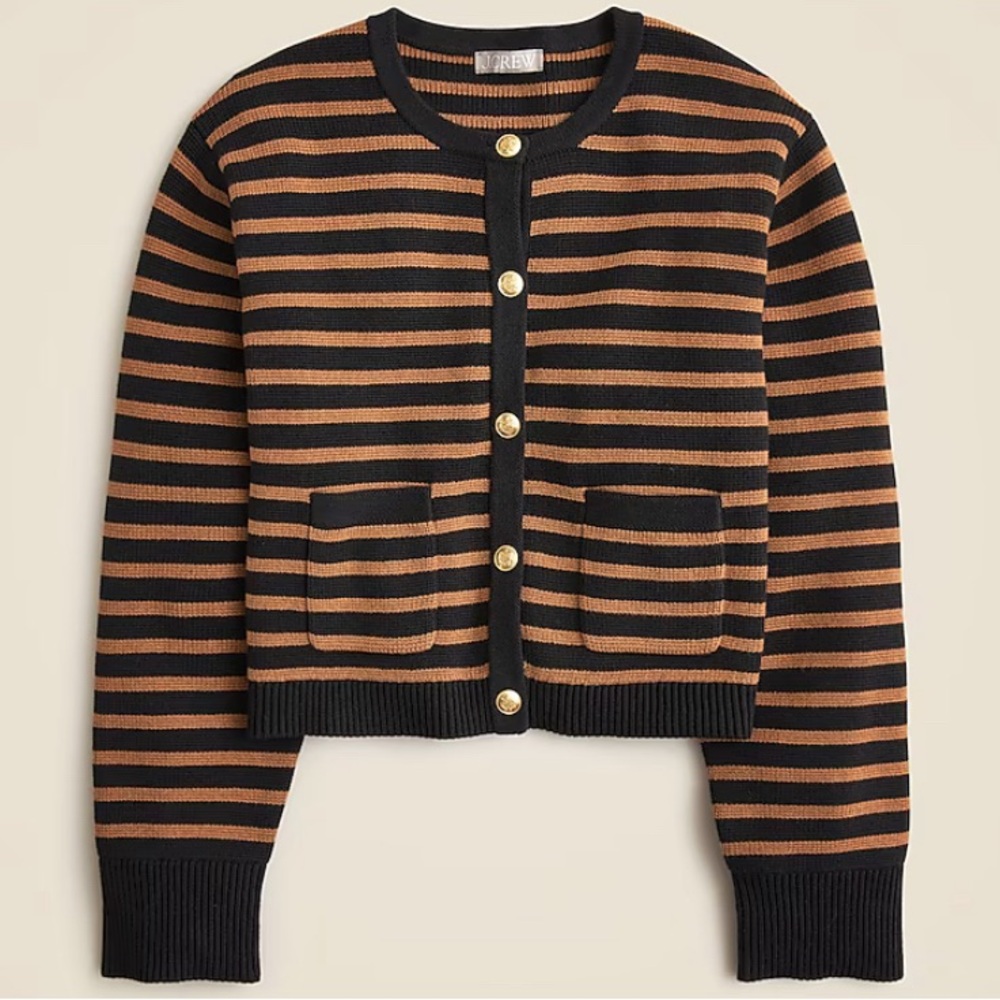J.Crew New relaxed Emilie sweater lady jacket cardigan in stripe black camel
